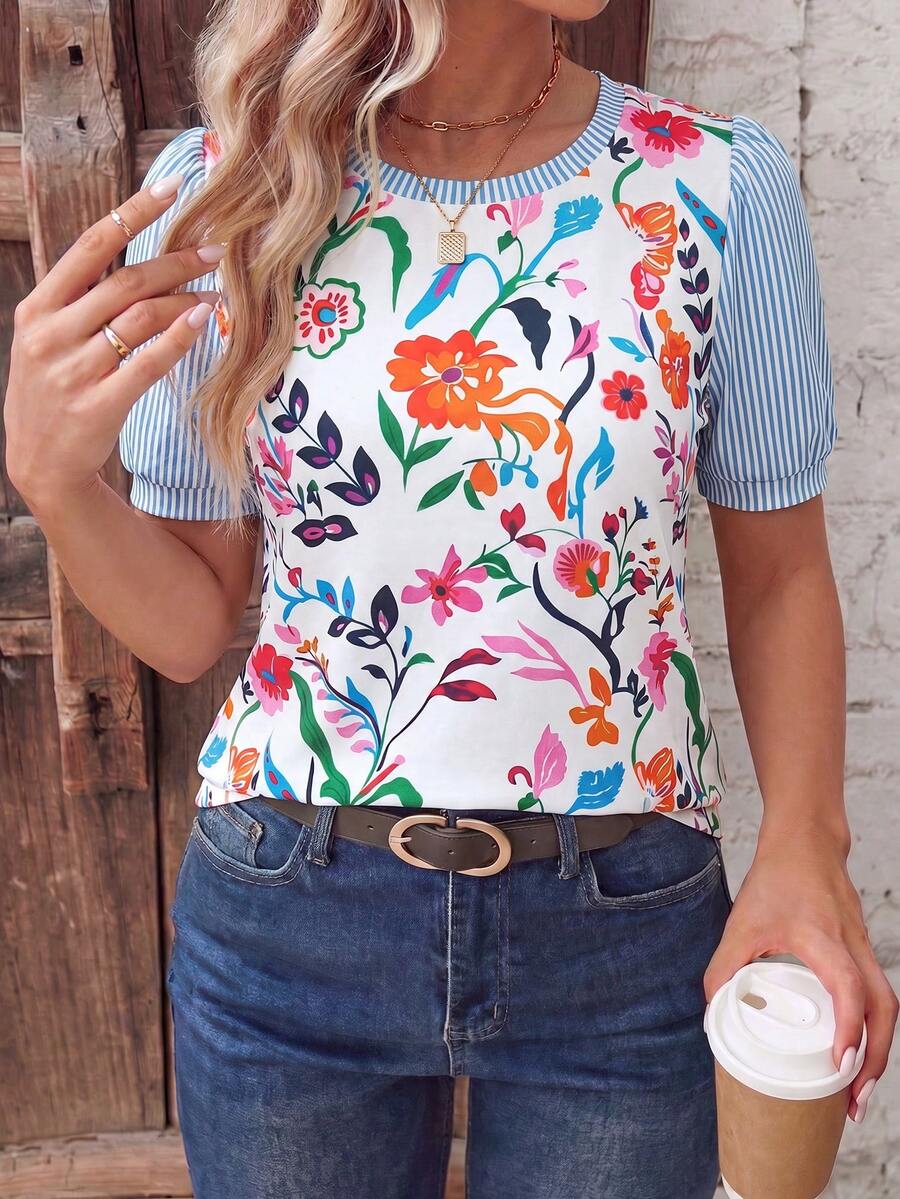 EMERY ROSE Vacation Style Floral Patchwork Top, Striped Puff Sleeve Crew Neck Lightweight Blouse - Multicolor - View 1