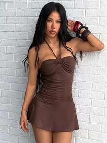 Jeanoix 女款咖啡棕色純色百褶時尚約會夜店派對掛脖洋裝 夏季性感 - 棕色 - 查看 5