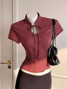 Comfortcana Women's Summer Casual Plaid Tie-Front Top - Red - View 6