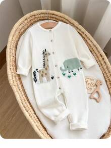 SHEIN Newborn Baby Autumn/Winter Cute Cartoon Pattern Long Sleeve Sweater Romper - White - View 6