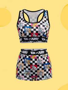 TOM & JERRY X SHEIN Conjunto de Camisole e Calcinha Casual com Estampa Xadrez Feminino - Preto e Branco - Visão 3