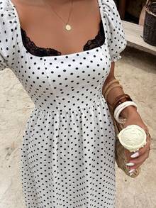 Flora Isola Flora Isola Women's Sexy Black Lace Trim Neckline Polka Dot Pattern Puff Sleeve Long Dress, Polka Dot Dress, Vacation Dress, Apricot Dress, Elegant Dress - Apricot - View 2