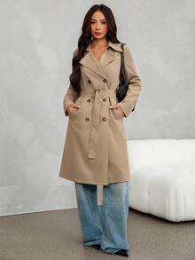 SHEIN PETITE 女款素色腰部綁帶設計休閒優雅百搭日常穿著風衣外套 辦公室卡其色秋季 - 卡其色 - 查看 5