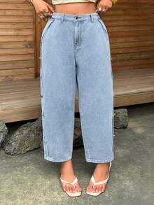 Rivivi Plus Size All-Season Button-Front Multi-Pocket Outdoor Denim Jeans - Light Wash - View 7