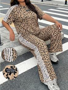 Muchica 大尺碼女款豹紋圓領T恤與長褲休閒寬鬆套裝 - 彩色 - 查看 4