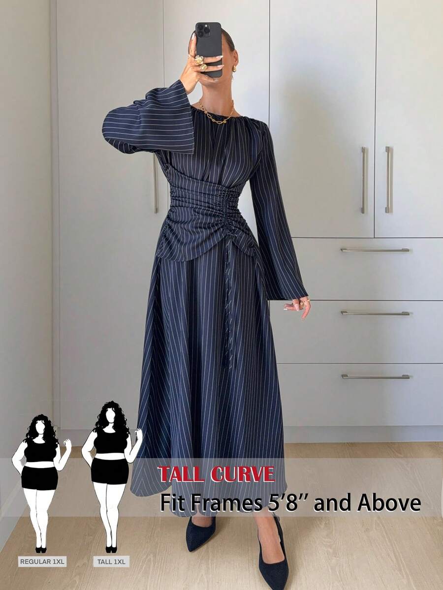 SHEIN Tall CURVE 大尺碼女款條紋百褶休閒端莊保守優雅極簡日常正式雞尾酒會辦公室教師節洋裝 海軍藍 秋季 - 藏蓝色 - 查看 1