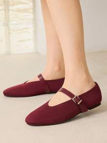 MOTF PREMIUM Zapatos planos Mary Jane con hebilla de cuero PU para Navidad y primavera - Burdeos - Ver 6
