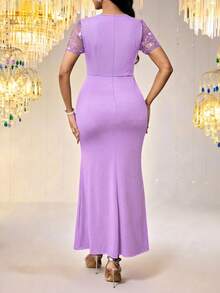 SHEIN Lady Vestido de mujer con bordado, parches de malla y volantes en el bajo, color lavanda - Púrpura malva - Ver 2