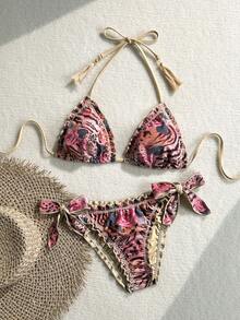 Soleia Set Bikini Pantai Wanita Motif Retro Warna-warni Leopard & Zebra, Motif Bunga, Pinggiran Berkerut, Pita Ikat, Leher Halter, dan Hiasan Rumbai - Khaki - View 4
