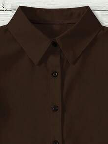 EMERY ROSE Plus Size Women's Solid Color Ruffle Short Sleeve Single Breasted Casual Shirt - Brown - View 5