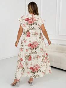 SHEIN CURVE+ فستان نسائي مقاس كبير مطبوع بنقوش بدون أكمام - لون مشمشي - مشاهدة 2