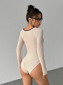 SHEIN Unity 女士圆领蝴蝶结拼色长袖紧身衣，百搭日常穿着 - 杏色 - 查看 2