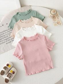 SHEIN 4 piezas/Set Top de manga corta con volantes en el bajo, color liso, lindo para niñas jóvenes en verano,Verano,Tops de verano,Top de tirantes - verde menta - Ver 3