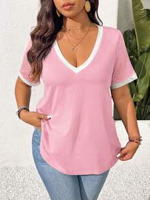 SHEIN Frenchy Plus Size Versatile Fashion Textured Colorblock Short Sleeve T-Shirt For Daily Wear Formal Vacation Pink Summer Casual - Pink - View 3