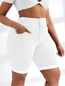 SHEIN SXY Plus Size Denim Wide Waistband Elastic Shorts - White - View 5