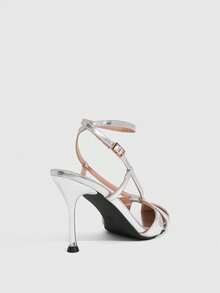 CUCCOO SZL Gentle Atmosphere Full, Retro Round Toe Hollowed Out Thin Heel Back Strap Thin High-End, Silver Thin Heel Women's Sandals - Silver - View 3