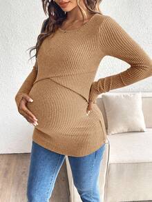 SHEIN 孕婦純色圓領長袖哺乳上衣 - 咖啡棕 - 查看 8