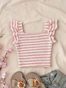 SHEIN Tween Girls' Casual Vacation Home Textured Knit Fitted Cropped Square Neck T-Shirt,White Cute Top Spring Tops Girly For Teen Girl Cottagecore - Pink - View 2