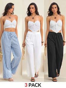 SHEIN Tall 3pcs Set Black Blue And White Textured Fabric With Thick Stripes Nautical Style Vacation Women's Casual Waist Tie With Pockets Straight Leg Pants - Multicolor - View 9