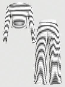 SHEIN 青少年女孩 T-Shirt 套裝 黑白條紋拼接圓領長袖上衣與長褲 - 黑與白 - 查看 9
