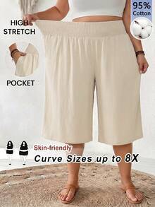 SHEIN CURVE+ 大尺碼女款夏季時尚休閒寬鬆舒適日常黑色純棉及膝寬腿褲，女款下裝，極簡風，寬鬆長褲，休閒度假穿搭 - 卡其色 - 查看 1