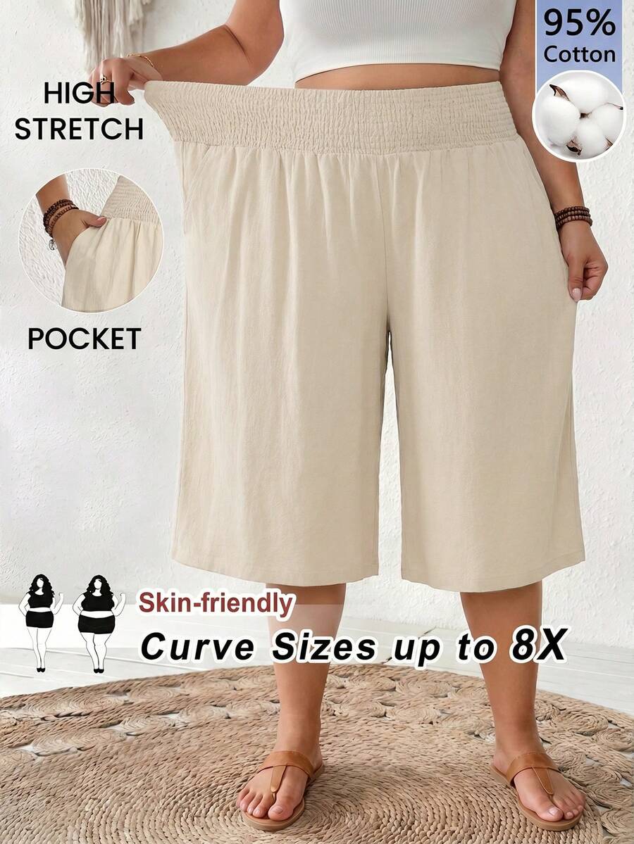 SHEIN CURVE+ 大尺碼女款夏季時尚休閒寬鬆舒適日常黑色純棉及膝寬腿褲,女款下裝,極簡風,寬鬆長褲,休閒度假穿搭 - 卡其色 - 查看 1