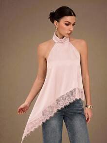 SHEIN Tall Elegant Lace Trim Backless Camisole Top, Sexy Satin Patchwork Sleeveless Blouse For Party Night Out Baby Pink Summer - Baby Pink - View 4
