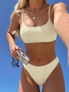 Swim Mod Vacation Beach Striped Two-Piece Swimsuit Set - Apricot - View 1