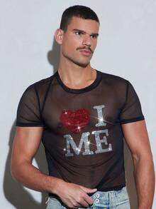 FeverCity Men's Rhinestone Letter Mesh Crew Neck Short Sleeve Top - Black - View 5