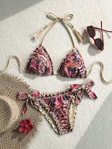 Soleia Set Bikini Pantai Wanita Motif Retro Warna-warni Leopard & Zebra, Motif Bunga, Pinggiran Berkerut, Pita Ikat, Leher Halter, dan Hiasan Rumbai - Khaki - View 2