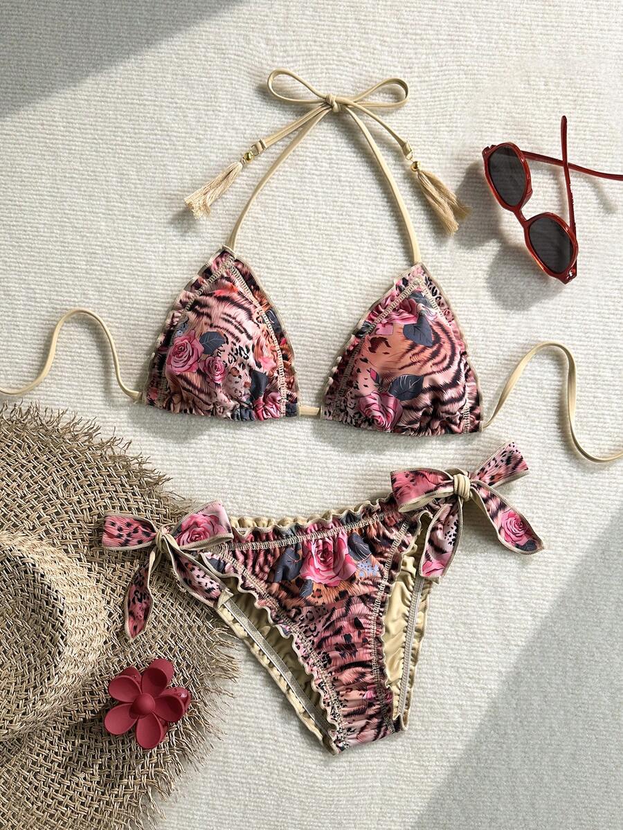 Soleia Set Bikini Pantai Wanita Motif Retro Warna-warni Leopard & Zebra, Motif Bunga, Pinggiran Berkerut, Pita Ikat, Leher Halter, dan Hiasan Rumbai