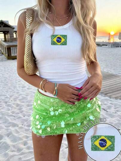 Sundraya Women's Summer World Cup Game Day Coastal Vacation Brazilcore Soccercore White Ribbed Hand Beaded Brazil Flag Halter Neck Tank Top 2026