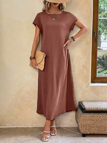 EMERY ROSE Vestido corto de manga corta sencillo y diario para mujer de unicolor - Café integral - Ver 3