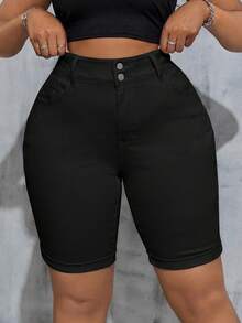 SHEIN Tall CURVE 大尺碼夏季休閒百搭修身牛仔短褲 - 黑色 - 查看 5