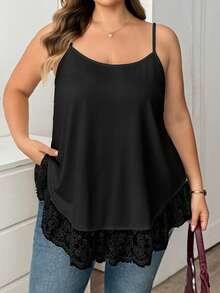 SHEIN CURVE+ 大尺碼黑白兩件式娃娃風細肩帶背心套裝，適合居家、街頭與度假穿著 - 黑與白 - 查看 6