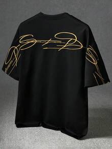 Manfinity Roghcode 男士街頭風熱銷 Freedom 簽名字體 3D 刺繡 T-shirt，適合戶外音樂祭、日常穿著、好友聚會，男友/丈夫禮物、週年紀念禮物，黑色 - 黑色 - 查看 4