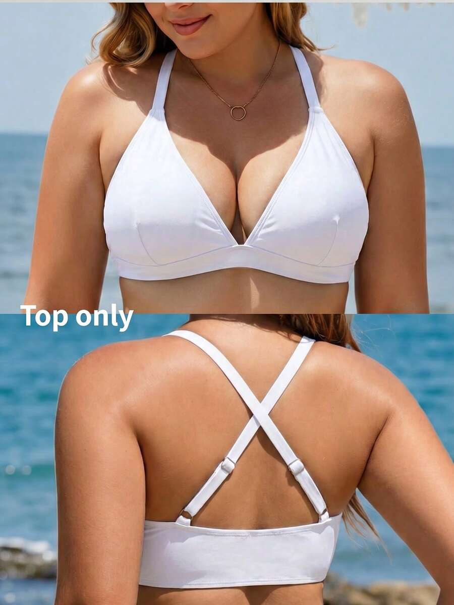 Swim Lushoire Plus Size Solid Color Backless Halter Neck Swimsuit Top - White - View 1