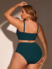 SHEIN Swim Curve 大尺碼女款夏季海灘純色抓皺細肩帶性感比基尼上衣與三角褲兩件式泳衣套裝 - 墨綠色 - 查看 2