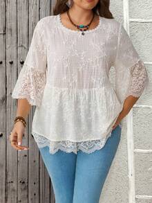 EMERY ROSE Plus-Size Women's White Lace-Trimmed Embroidered Fabric Top With A Textured Feel, Fashionable And Retro Summer Outfit, Perfect For Beach Vacations, - White - View 4