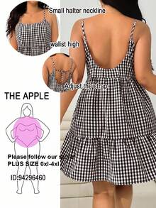 Solflare Gaun Camisole Wanita Ukuran Plus Motif Kotak-kotak Prancis Manis dengan Hem Berumbai - Coklat - View 1
