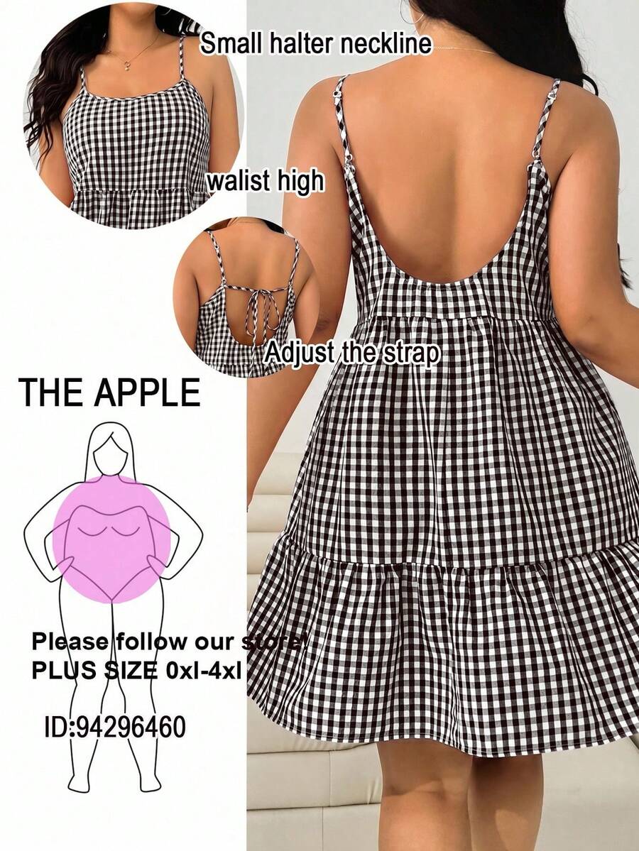 Solflare Gaun Camisole Wanita Ukuran Plus Motif Kotak-kotak Prancis Manis dengan Hem Berumbai - Coklat - View 1