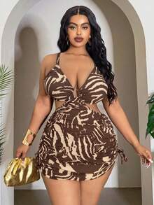 Slaydiva Plus Size Women 2-Piece Random Multicolor Leopard Print Fashion Holiday Daily Minimalist Casual Ring Mesh Semi-Sheer Swimsuit With Drawstring Tie Bow Adjustable Thick Shoulder Straps High Waist Triangle Bikini Bottom - Brown - View 1