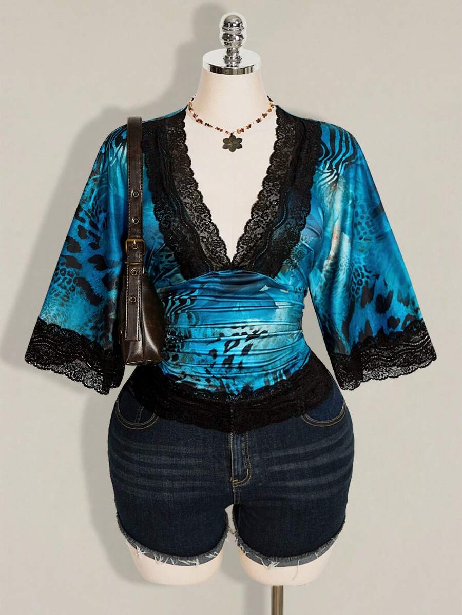 SHEIN ICON 大尺碼 Y2K 復古性感豹紋 V 領蕾絲拼接喇叭袖上衣 - 藍色 - 查看 1
