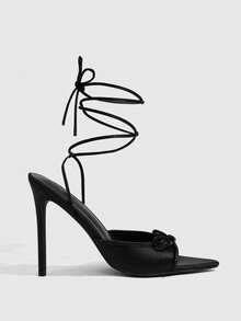 CUCCOO SZL Sandalias de tacón alto de moda para mujer con punta, lazo decorativo y correa negra - Negro - Ver 2