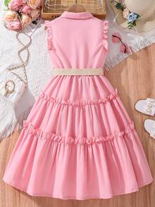 Tween Girl Ruffle Trim Mid-Length Dress With Turn-Down Collar And Woven Belt - Pink - View 2