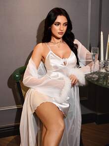 SilkySpell Butterfly Embroidered Satin Slip Dress & Mesh Fur Trim Long Robe Women's Sleepwear Set - White - View 4