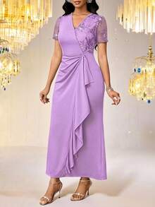 SHEIN Lady Vestido de mujer con bordado, parches de malla y volantes en el bajo, color lavanda - Púrpura malva - Ver 4