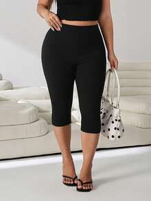 Solflare Plus Size Casual Versatile Solid Color High Waist Leggings - Black - View 3