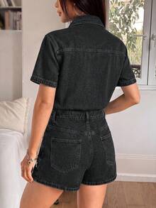 Rivivi 女款鈕扣口袋休閒街頭風日常牛仔連身短褲，黑色夏季日間穿著 - 黑色 - 查看 2