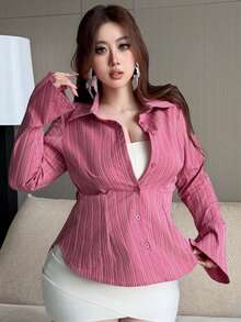 REIGN AVE Plaid Collared Puff Short Sleeve Cropped Blouse With Cinched Waist Fall - Hot Pink - View 5